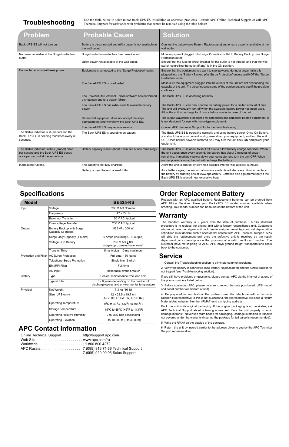 Troubleshooting, Order replacement battery, Model be525-rs | American Power Conversion UPS User Manual | Page 2 / 2