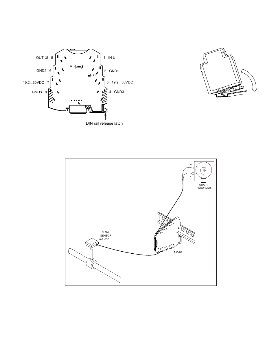 Wiring connections, Installation, Application | T rail installation, Din rail release latch | Red Lion IAMA0006 User Manual | Page 3 / 4