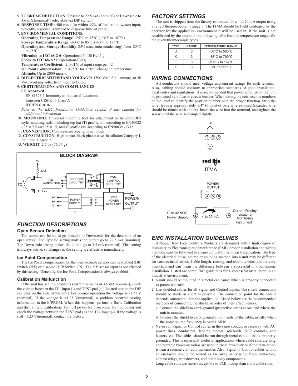 Function descriptions, Factory settings, Wiring connections | Emc installation guidelines, Itma | Red Lion ITMA User Manual | Page 2 / 8