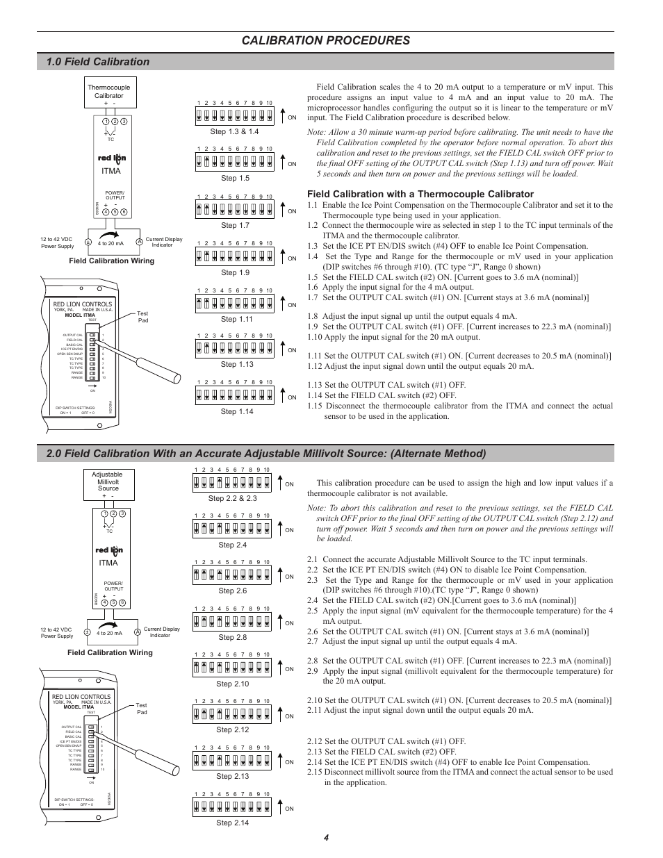 Calibration procedures, 0 field calibration, Field calibration with a thermocouple calibrator | Red Lion ITMA User Manual | Page 4 / 8