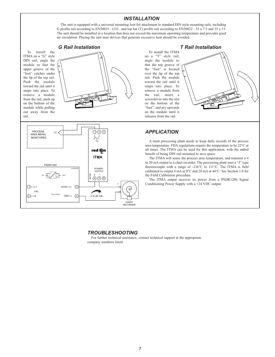 Application, G rail installation, T rail installation | Installation, Troubleshooting | Red Lion ITMA User Manual | Page 7 / 8