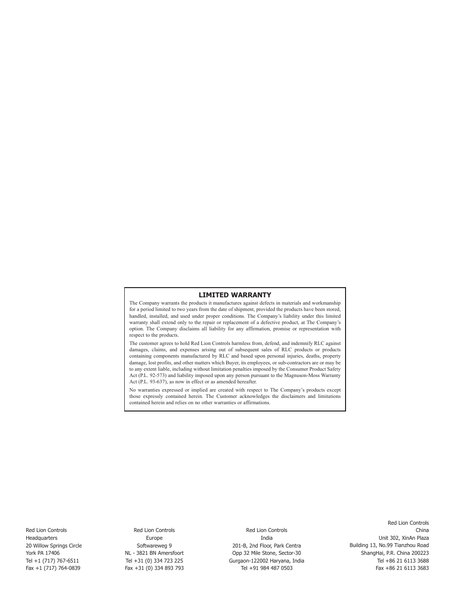 Limited warranty | Red Lion ITMA User Manual | Page 8 / 8