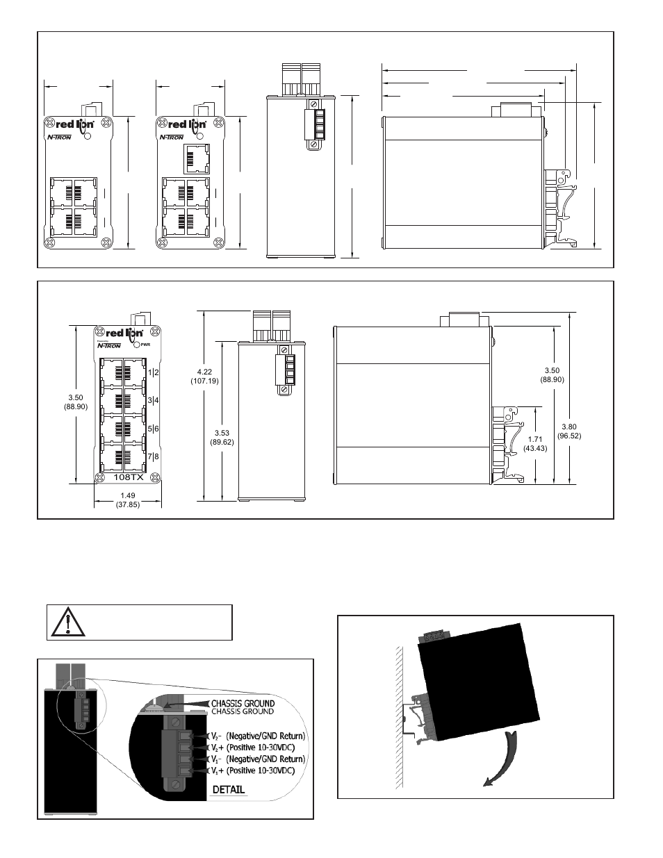 Power, Mounting, Dimensions in inches (mm) | Red Lion NT100 User Manual | Page 2 / 4