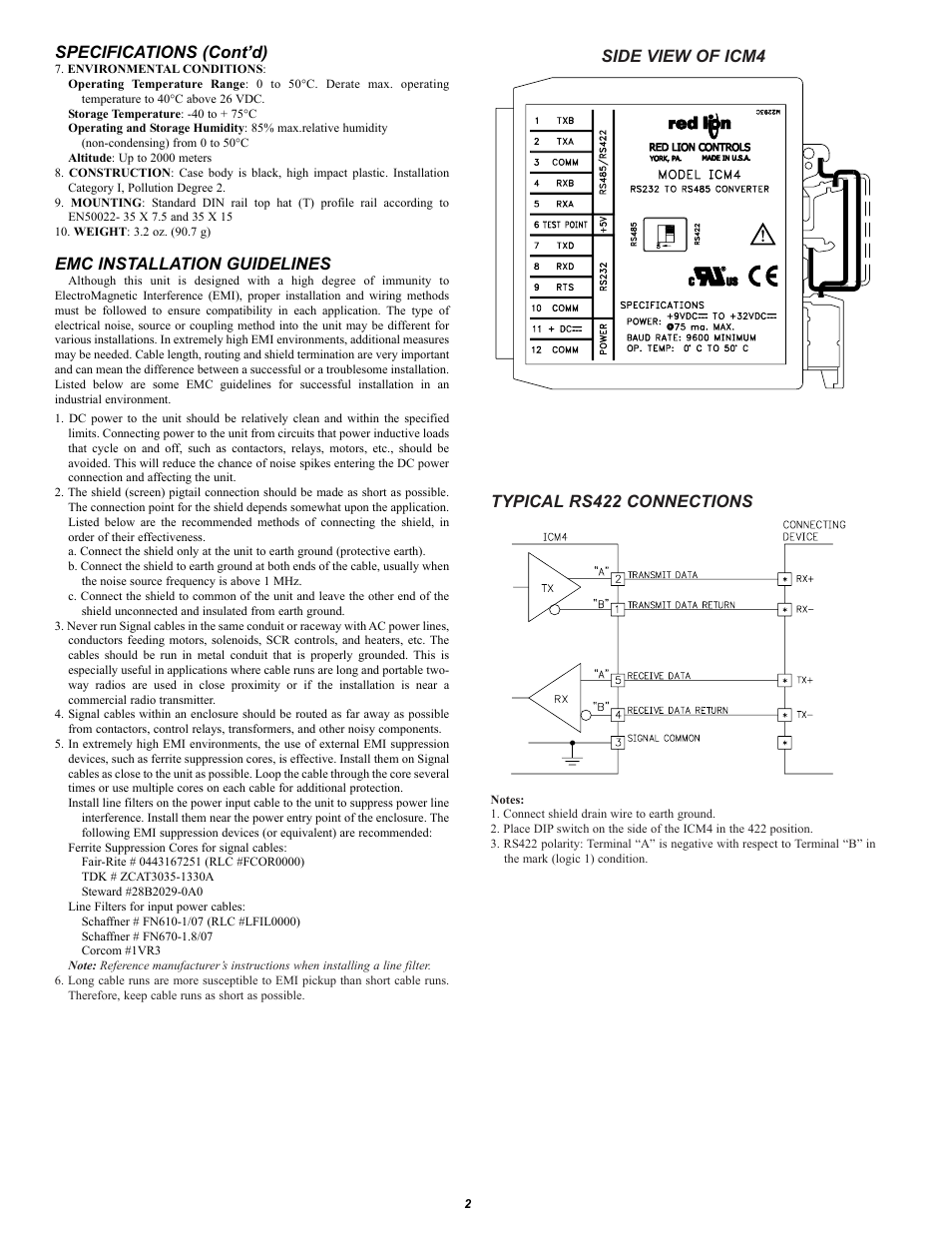 Specifications (cont’d), Emc installation guidelines, Typical rs422 connections | Side view of icm4 | Red Lion ICM4 User Manual | Page 2 / 4