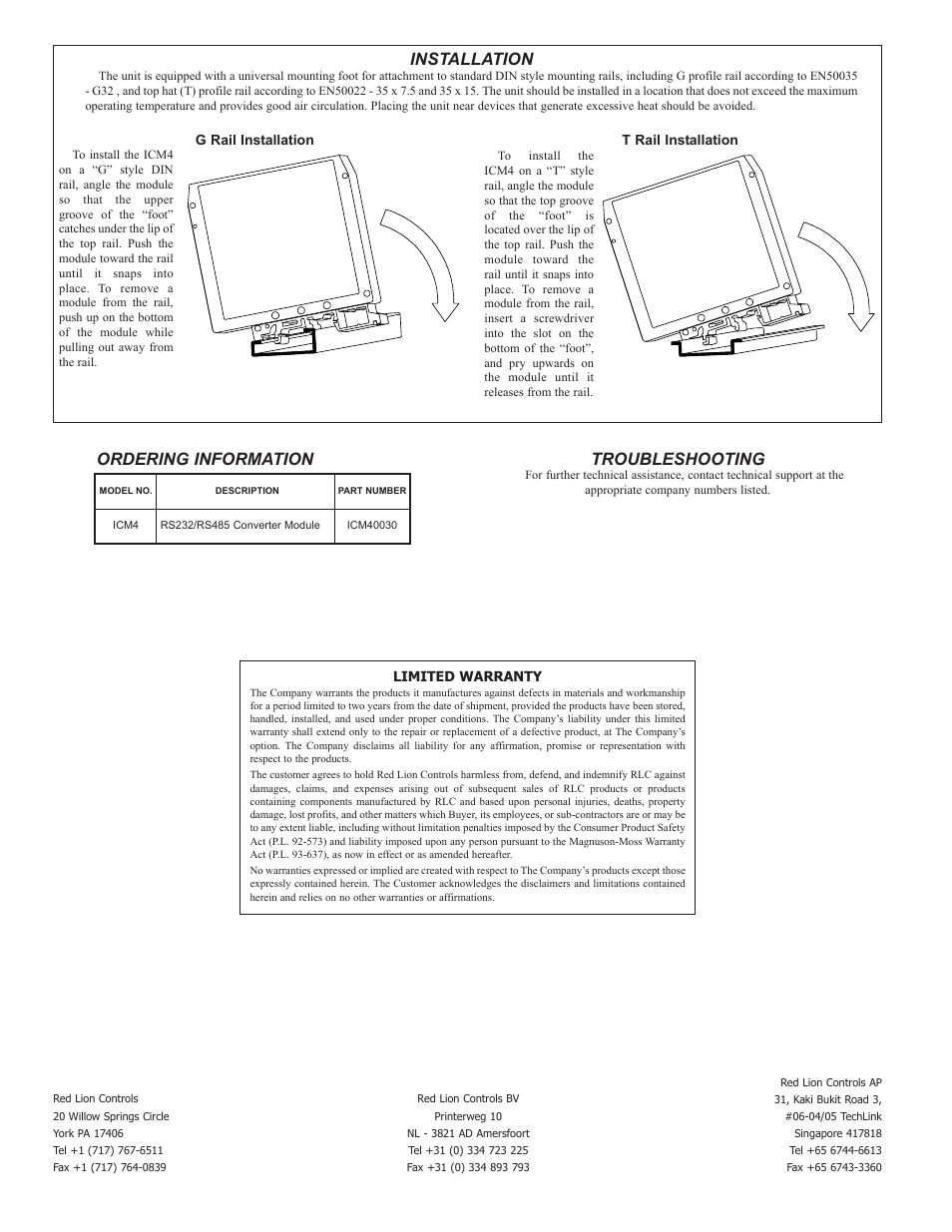 Installation, Troubleshooting, Ordering information | Red Lion ICM4 User Manual | Page 4 / 4
