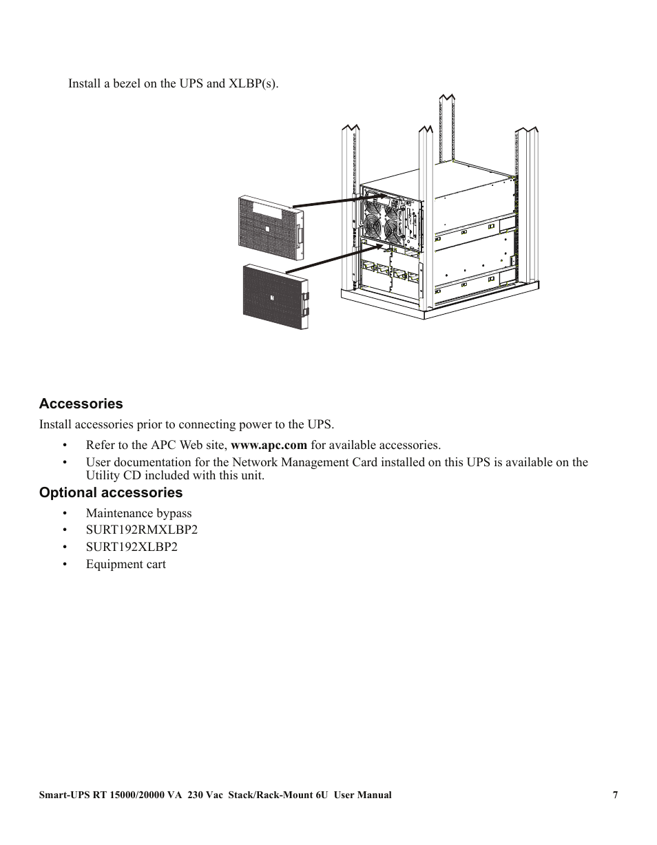 Accessories, Optional accessories | American Power Conversion RT XLI/XLICH User Manual | Page 11 / 34