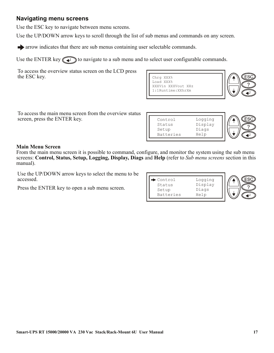 Navigating menu screens | American Power Conversion RT XLI/XLICH User Manual | Page 21 / 34