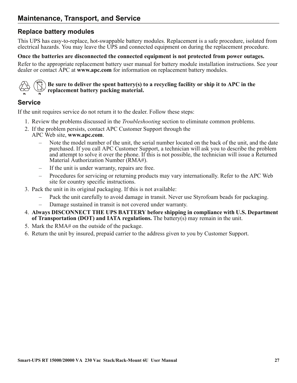 Maintenance, transport, and service, Replace battery modules, Service | American Power Conversion RT XLI/XLICH User Manual | Page 31 / 34