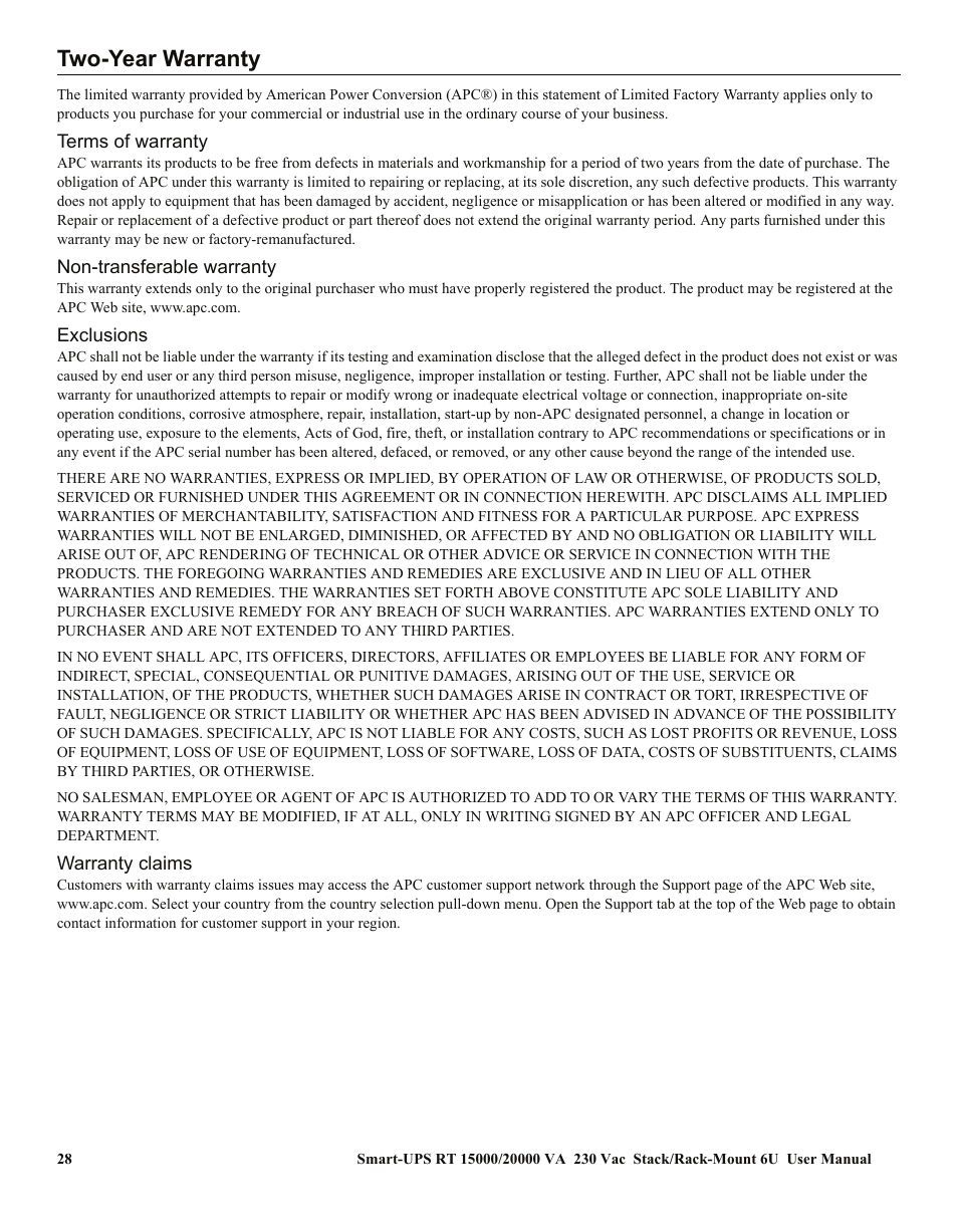 Two-year warranty | American Power Conversion RT XLI/XLICH User Manual | Page 32 / 34