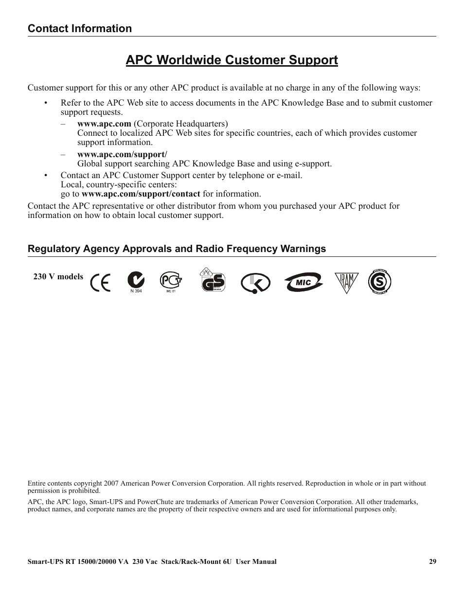 Apc worldwide customer support, Contact information | American Power Conversion RT XLI/XLICH User Manual | Page 33 / 34