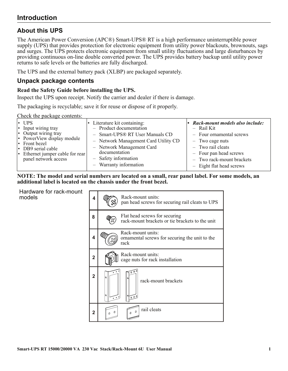 Introduction, About this ups, Unpack package contents | American Power Conversion RT XLI/XLICH User Manual | Page 5 / 34