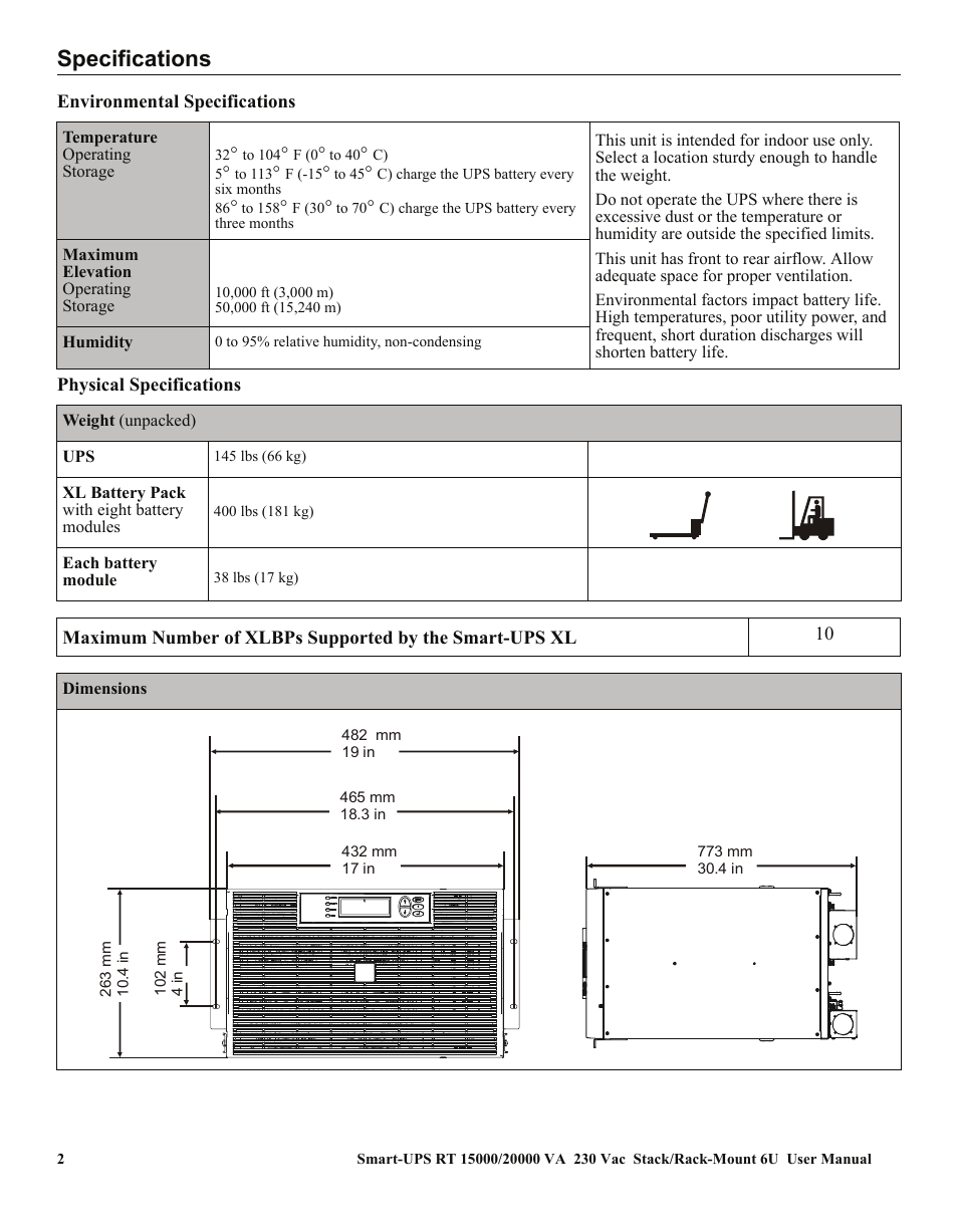 Specifications | American Power Conversion RT XLI/XLICH User Manual | Page 6 / 34