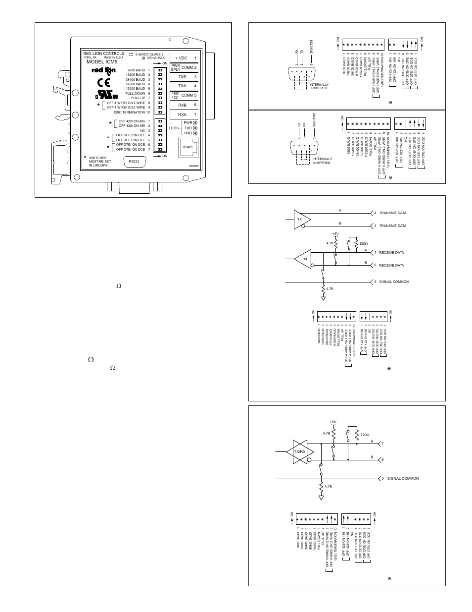 Dte dce, Typical rs-422 connections, Typical rs-485 connections | Top bank of 10 switches, Bottom bank of 7 switches, Switches 1-5 - baud, Switches 6-7 - pull up / pull down, Switches 8-9 - off 4 wire / on 2 wire, Termination, Switch 3 - n/c | Red Lion ICM5 User Manual | Page 3 / 4