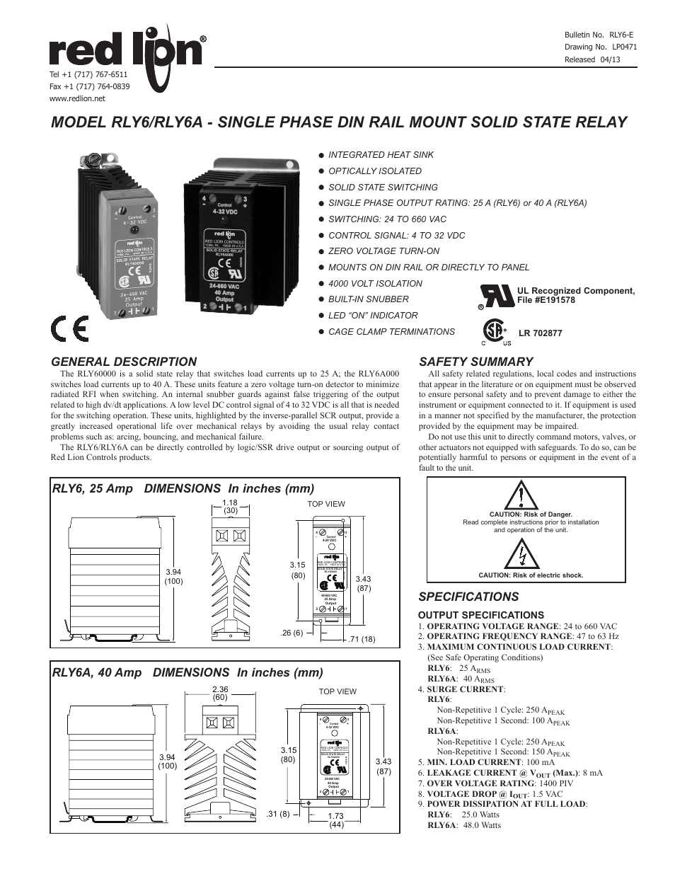 Red Lion RLY6A User Manual | 2 pages