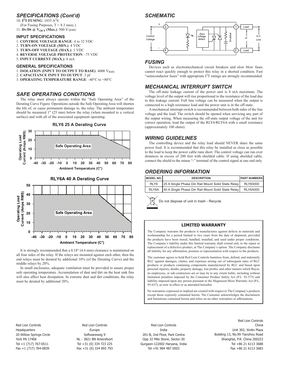 Safe operating conditions, Specifications (cont’d), Schematic fusing | Mechanical interrupt switch, Wiring guidelines, Ordering information | Red Lion RLY6A User Manual | Page 2 / 2
