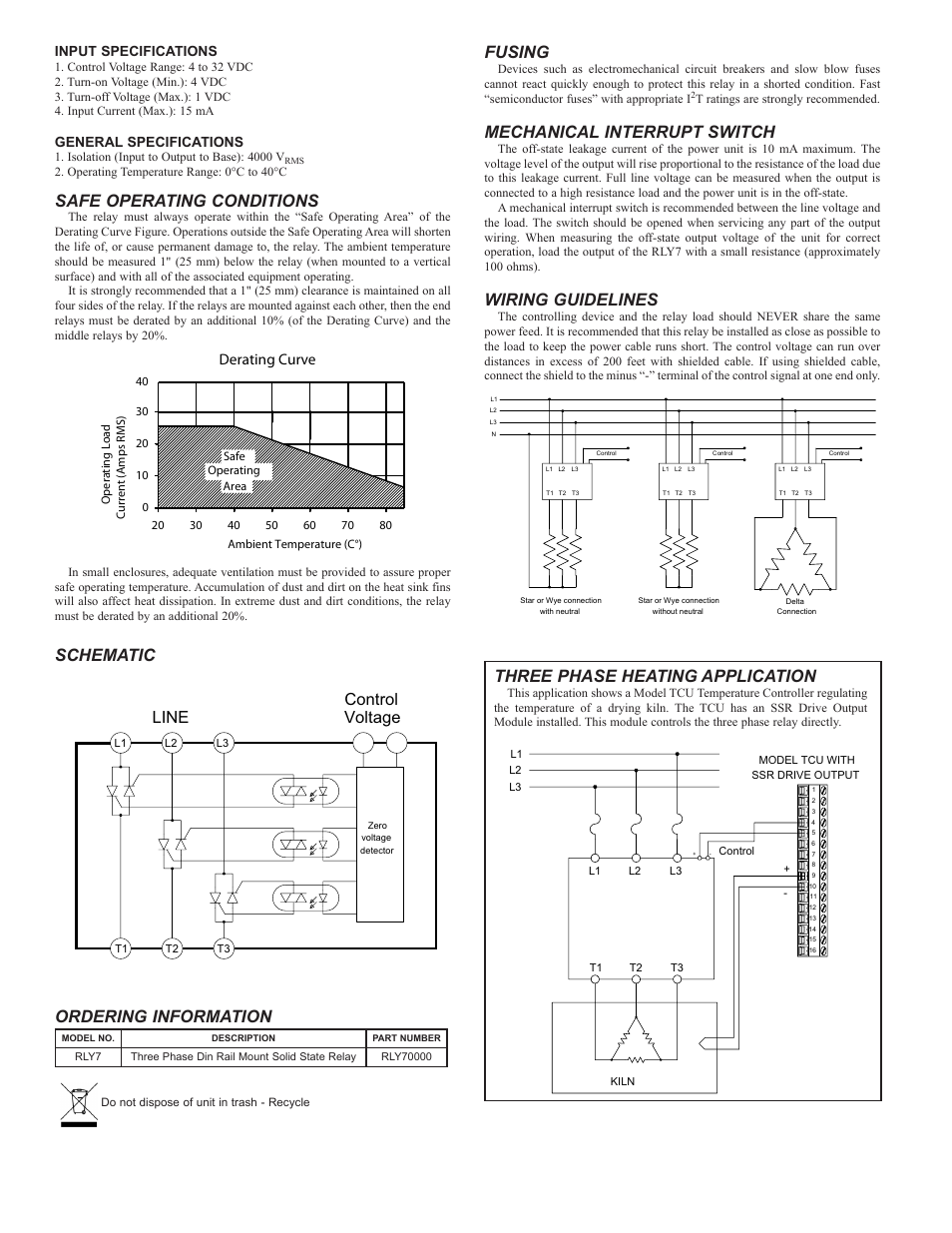 Safe operating conditions, Schematic fusing, Mechanical interrupt switch | Wiring guidelines, Ordering information, Three phase heating application, Voltage control, Line, Derating curve, Input specifications | Red Lion RLY7 User Manual | Page 2 / 2