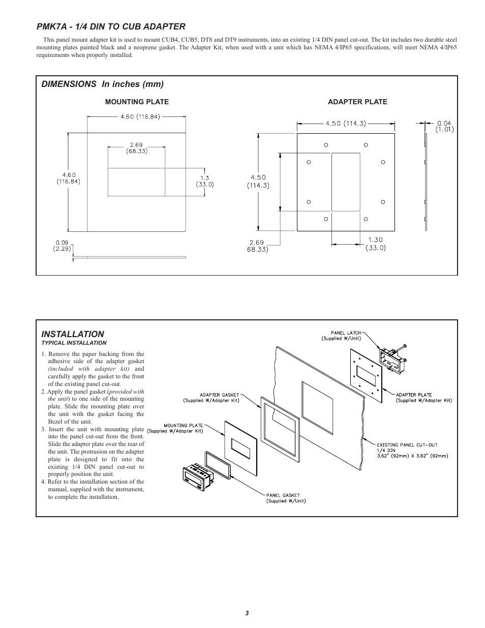 Installation, Dimensions in inches (mm), Pmk7a - 1/4 din to cub adapter | Red Lion PMK7A User Manual | Page 3 / 4