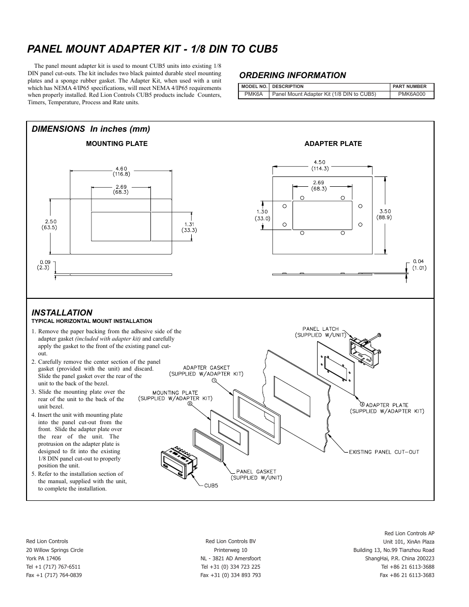 Panel mount adapter kit - 1/8 din to cub5, Dimensions in inches (mm) installation, Ordering information | Red Lion PMK6A User Manual | Page 2 / 2