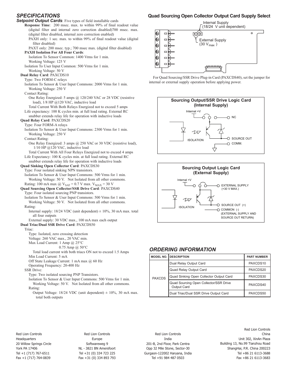 Specifications, Ordering information | Red Lion PAXCDS (SETPOINT) User Manual | Page 2 / 2