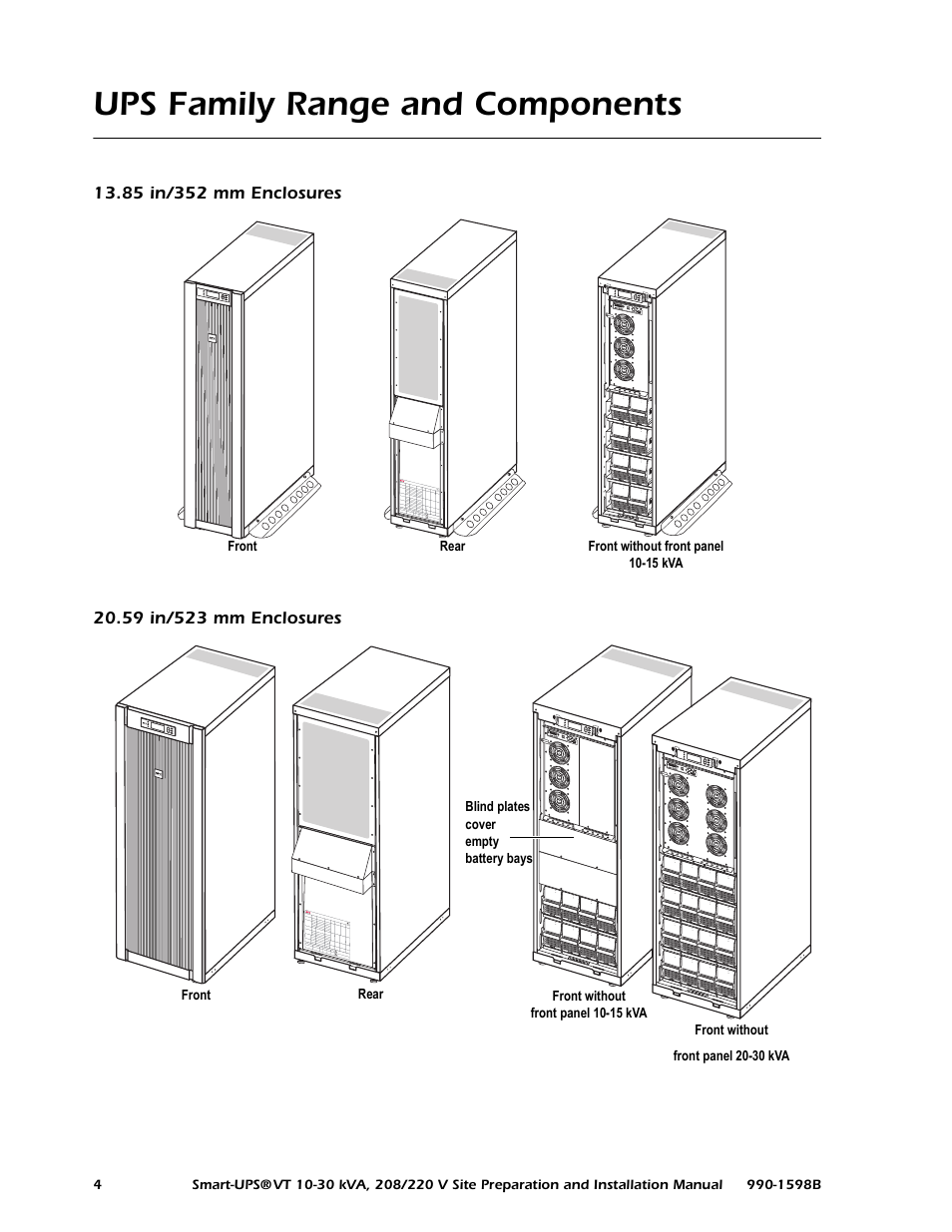 Ups family range and components, 85 in/352 mm enclosures, 59 in/523 mm enclosures | American Power Conversion 10-30 KVA User Manual | Page 10 / 48