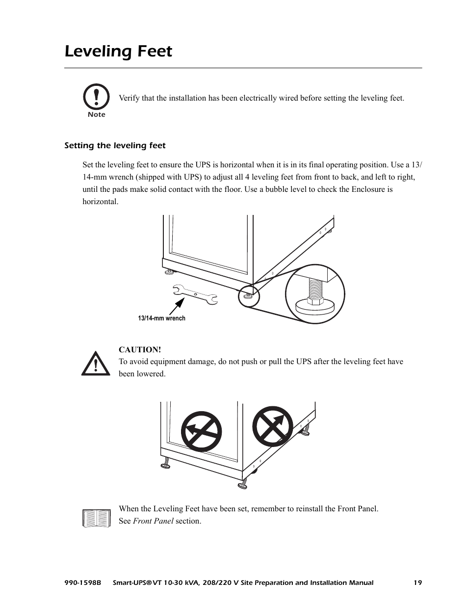 Leveling feet, Setting the leveling feet | American Power Conversion 10-30 KVA User Manual | Page 25 / 48