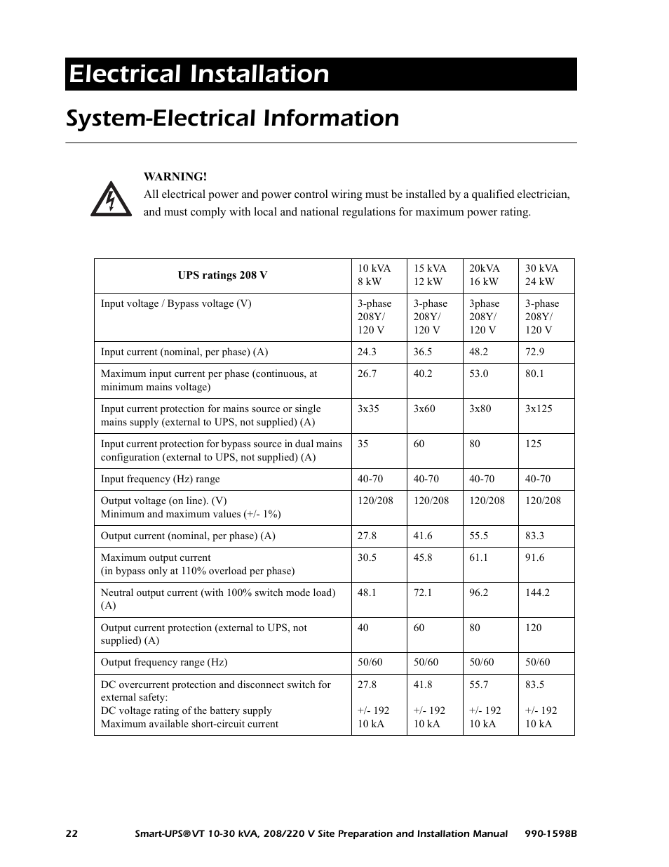 Electrical installation, System-electrical information | American Power Conversion 10-30 KVA User Manual | Page 28 / 48