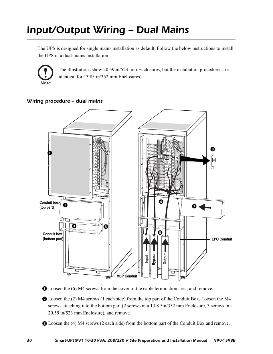 Input/output wiring – dual mains, Wiring procedure – dual mains | American Power Conversion 10-30 KVA User Manual | Page 36 / 48