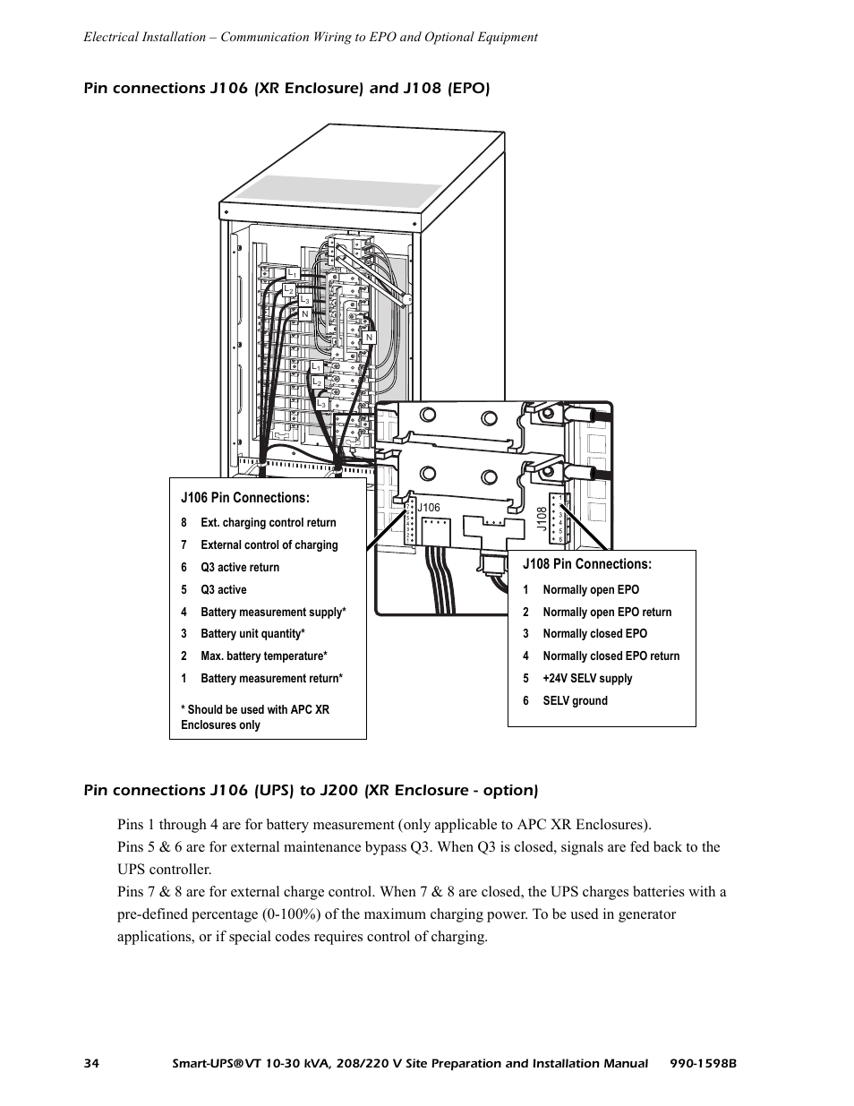 Pin connections j106 (xr enclosure) and j108 (epo), J106 pin connections, J108 pin connections | American Power Conversion 10-30 KVA User Manual | Page 40 / 48