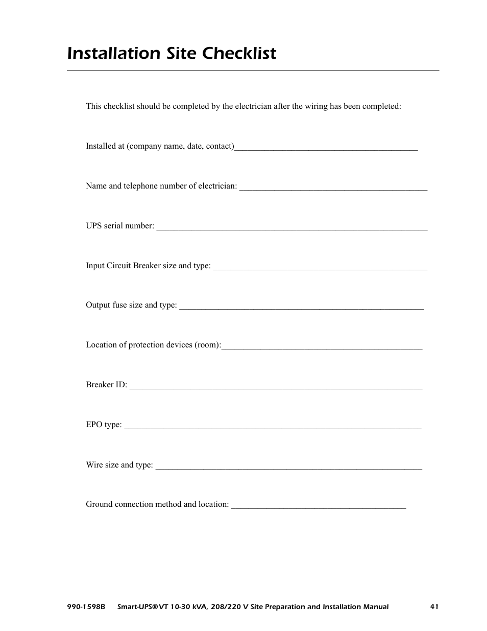 Installation site checklist | American Power Conversion 10-30 KVA User Manual | Page 47 / 48