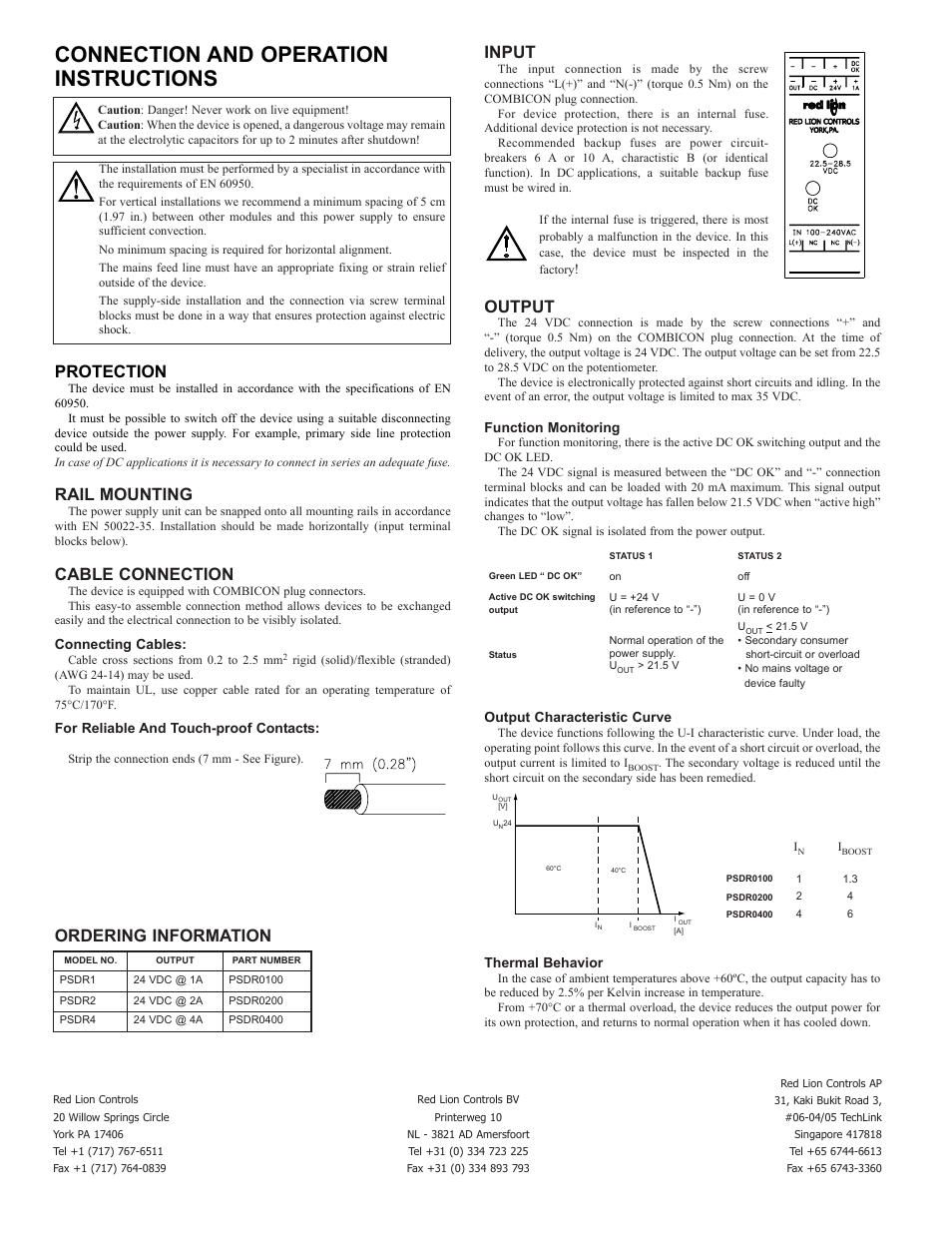 Connection and operation instructions, Protection, Rail mounting | Cable connection, Input, Output, Ordering information | Red Lion PSDR User Manual | Page 2 / 2