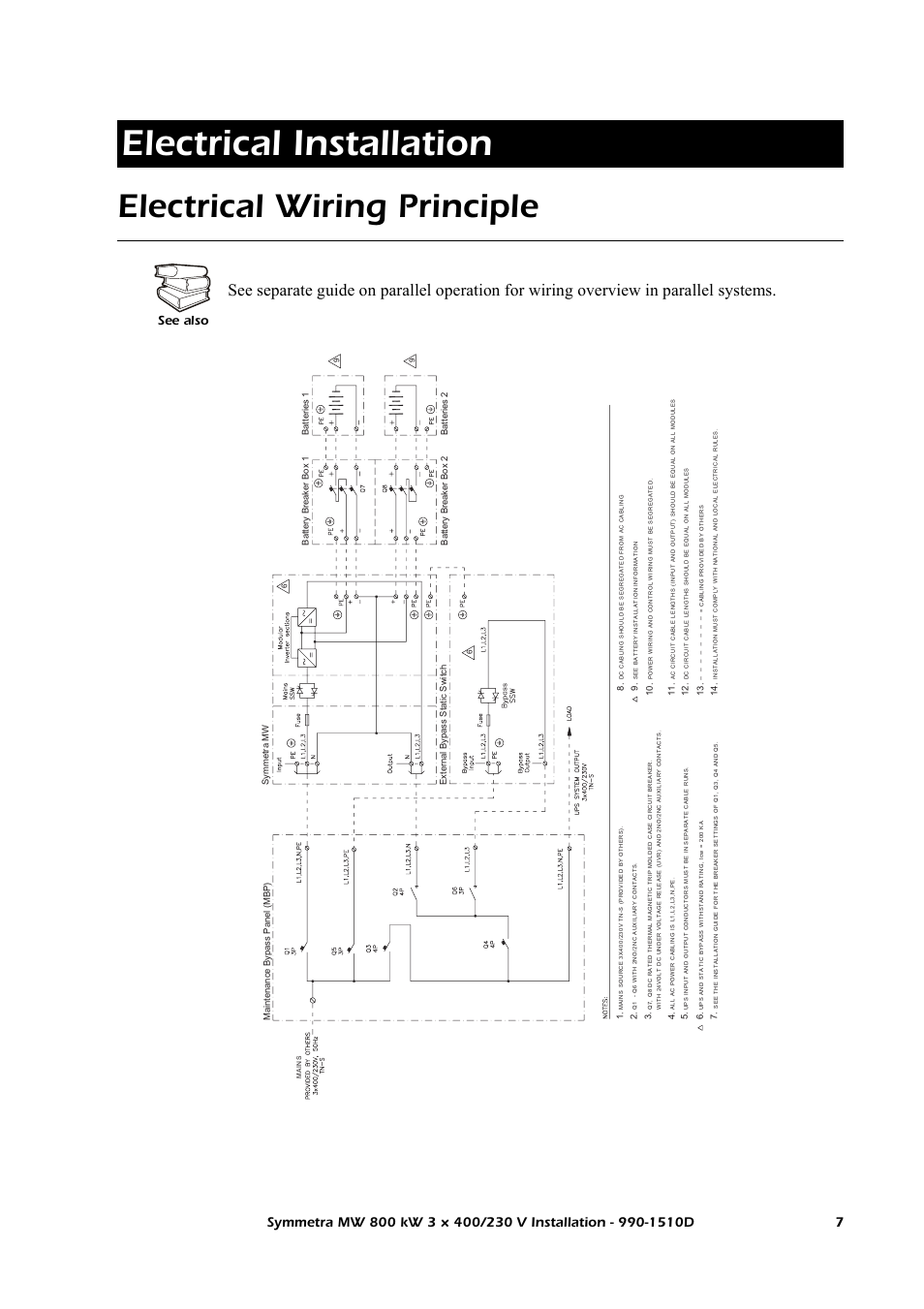 Electrical installation, Electrical wiring principle, See also | American Power Conversion SYMF800KH User Manual | Page 13 / 54