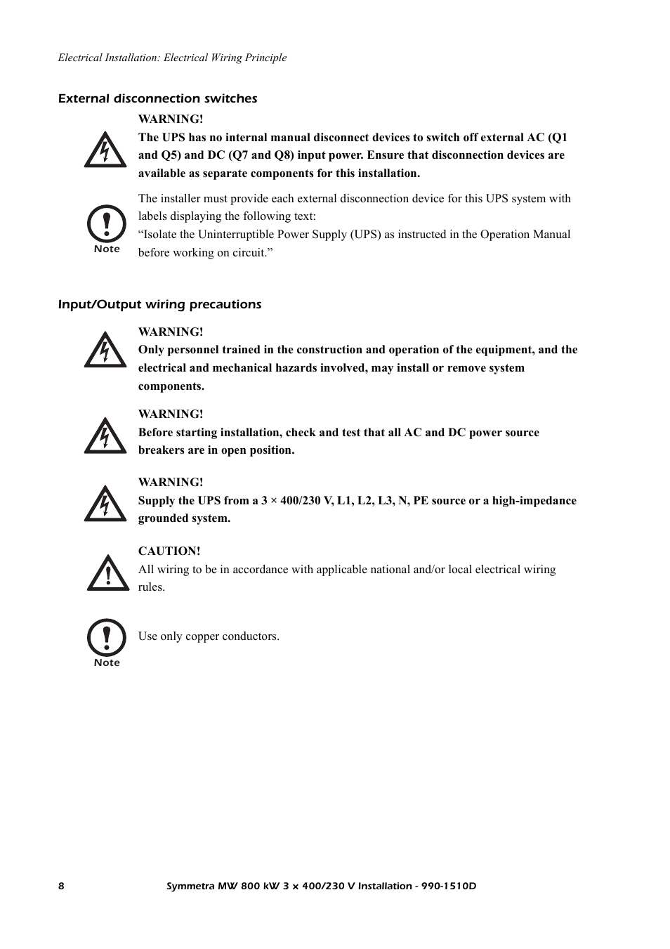 External disconnection switches, Input/output wiring precautions | American Power Conversion SYMF800KH User Manual | Page 14 / 54