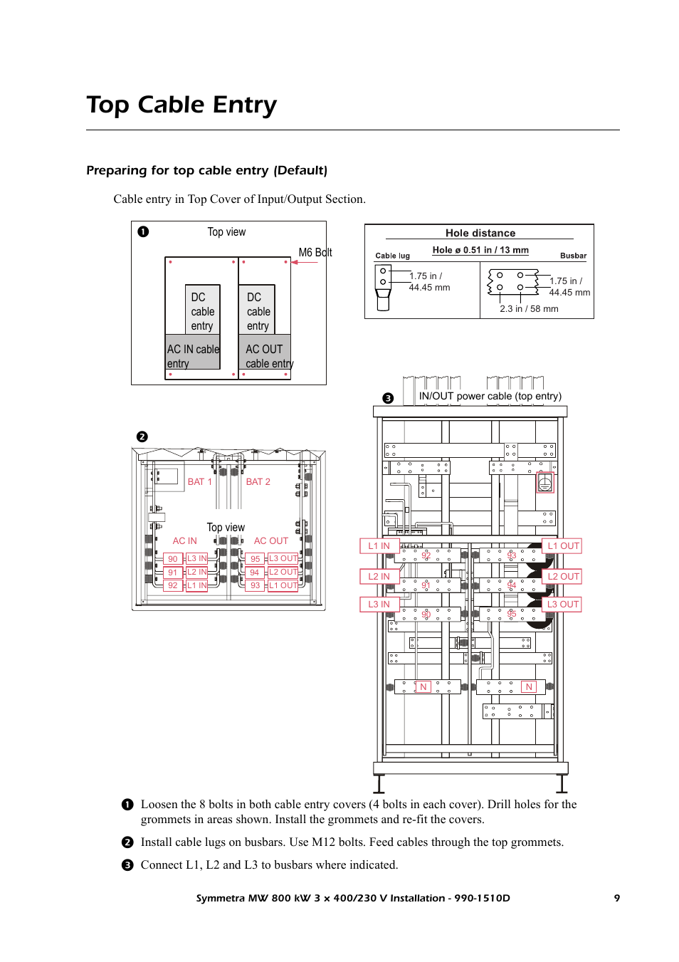 Top cable entry, Preparing for top cable entry (default) | American Power Conversion SYMF800KH User Manual | Page 15 / 54