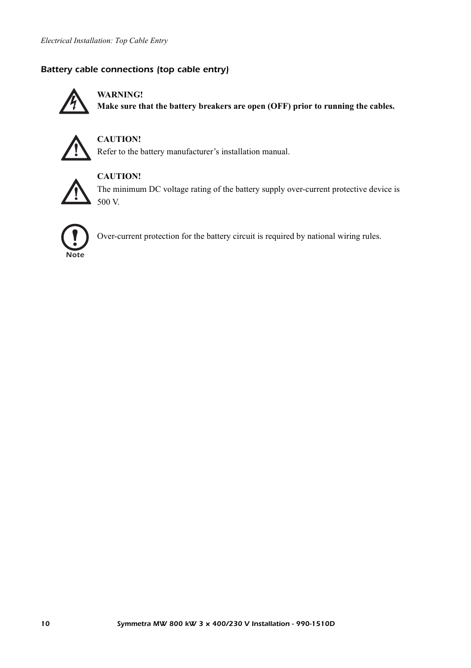 Battery cable connections (top cable entry) | American Power Conversion SYMF800KH User Manual | Page 16 / 54