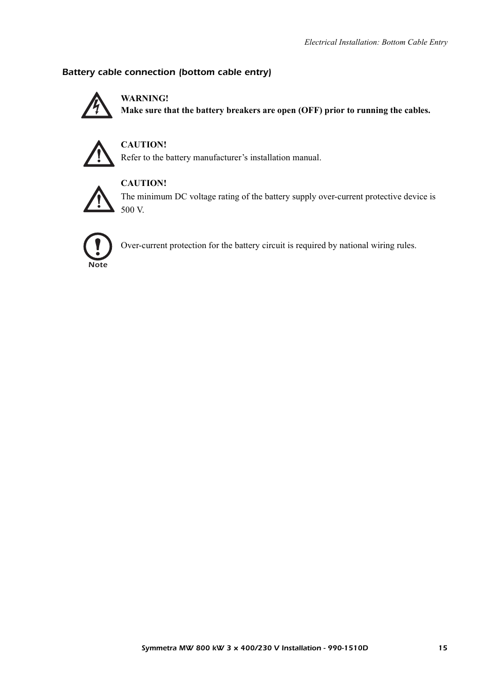 Battery cable connection (bottom cable entry) | American Power Conversion SYMF800KH User Manual | Page 21 / 54