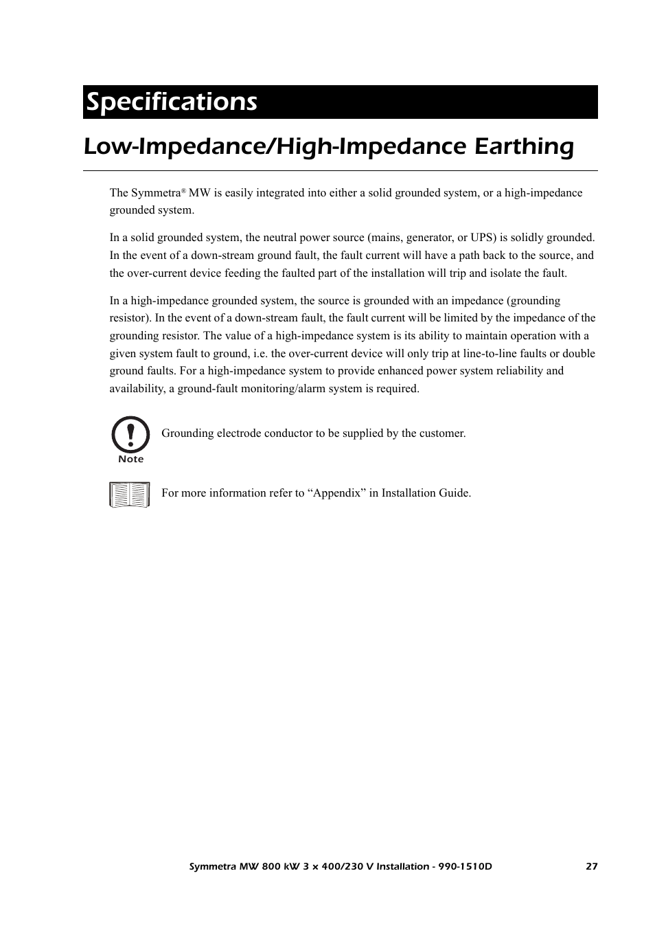 Specifications, Low-impedance/high-impedance earthing | American Power Conversion SYMF800KH User Manual | Page 33 / 54