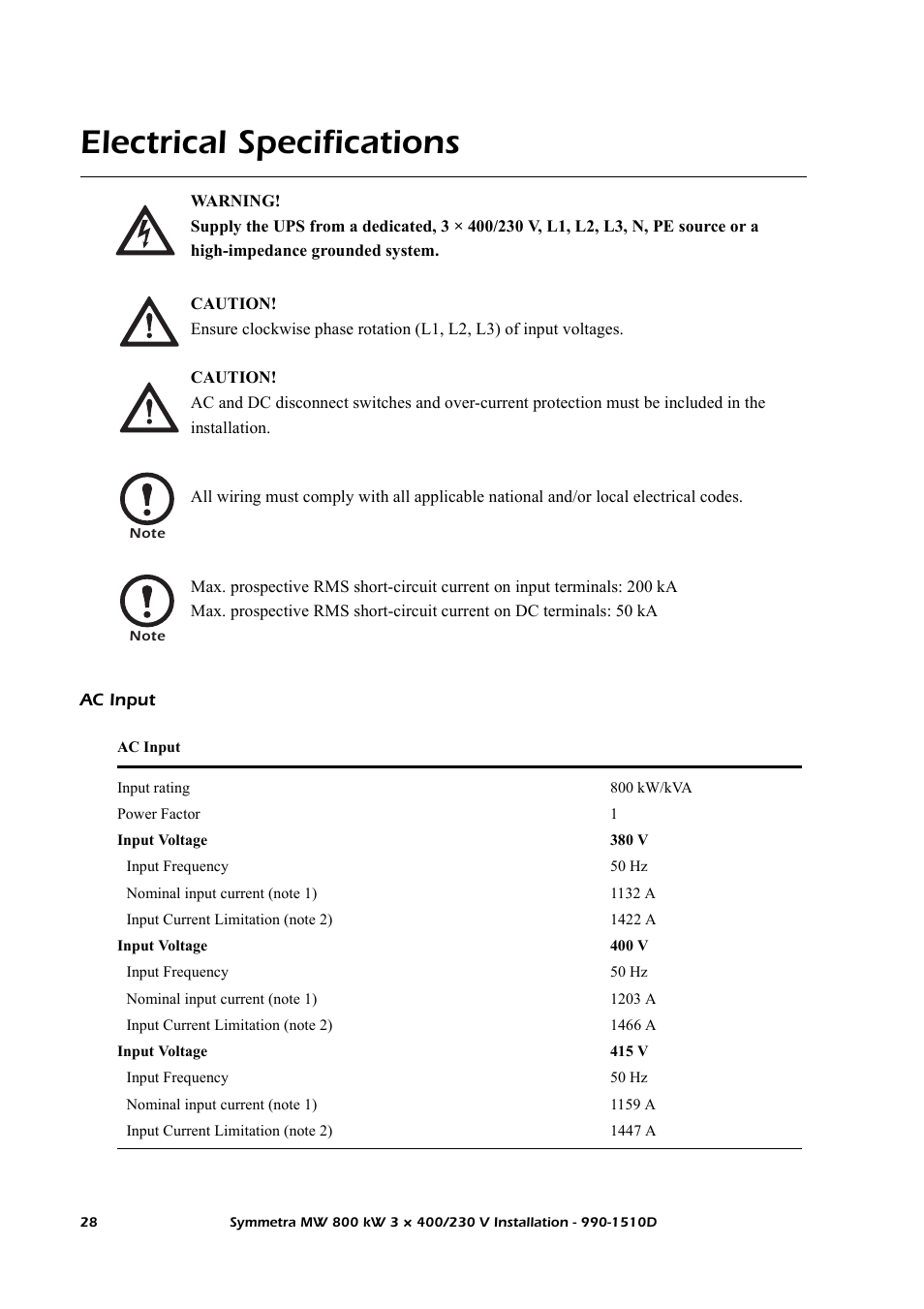 Electrical specifications, Ac input | American Power Conversion SYMF800KH User Manual | Page 34 / 54