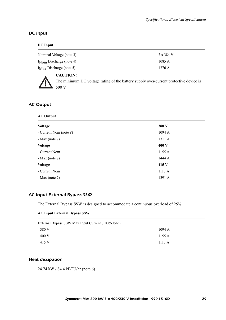 Dc input, Ac output, Ac input external bypass ssw | Heat dissipation | American Power Conversion SYMF800KH User Manual | Page 35 / 54