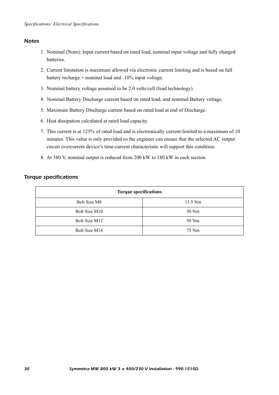 Notes, Torque specifications | American Power Conversion SYMF800KH User Manual | Page 36 / 54