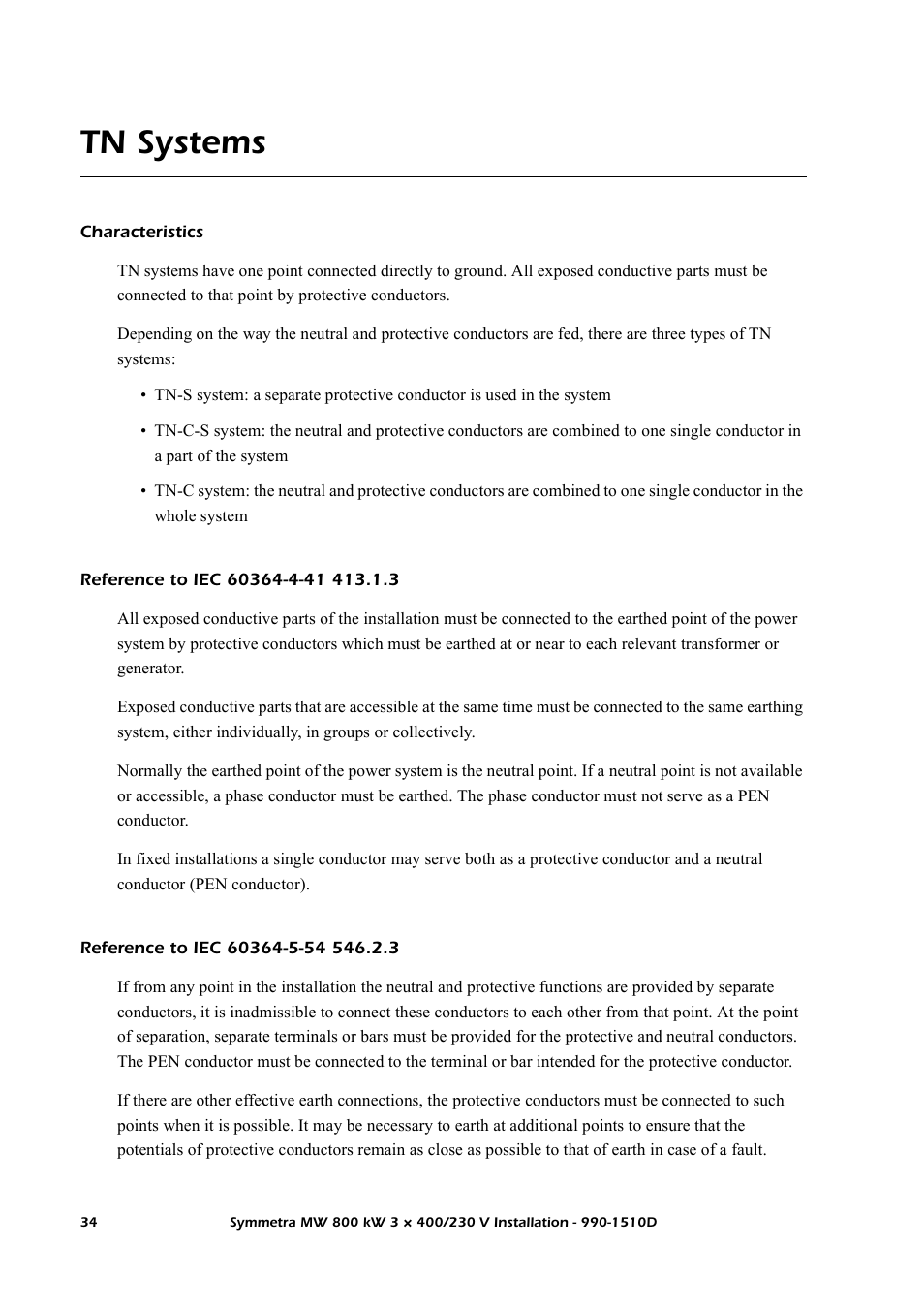 Tn systems, Characteristics, Reference to iec 60364-4-41 413.1.3 | Reference to iec 60364-5-54 546.2.3 | American Power Conversion SYMF800KH User Manual | Page 40 / 54