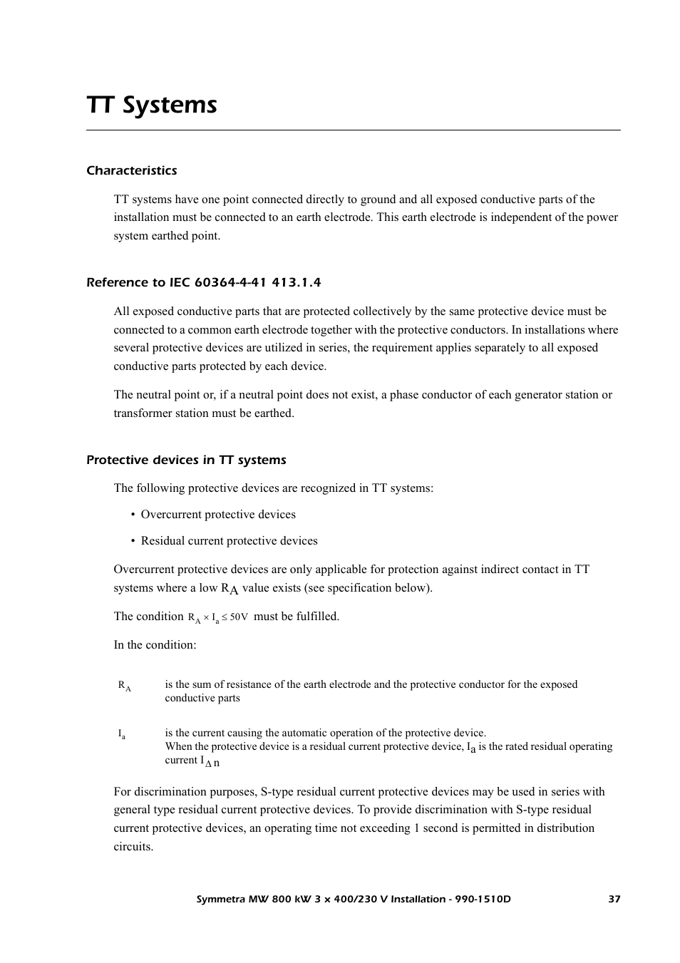 Tt systems, Characteristics, Reference to iec 60364-4-41 413.1.4 | Protective devices in tt systems | American Power Conversion SYMF800KH User Manual | Page 43 / 54