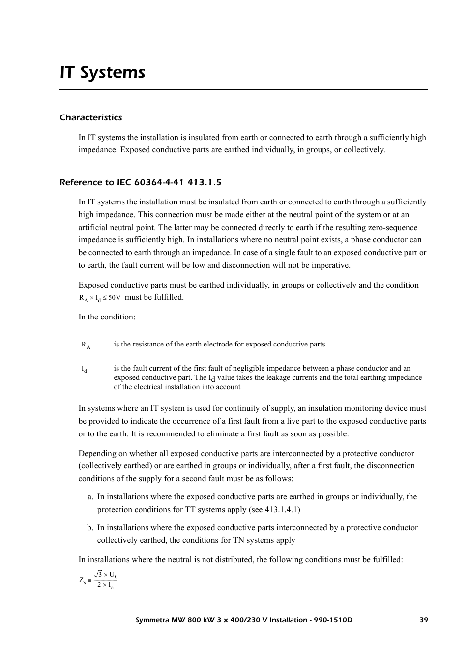 It systems, Characteristics, Reference to iec 60364-4-41 413.1.5 | American Power Conversion SYMF800KH User Manual | Page 45 / 54