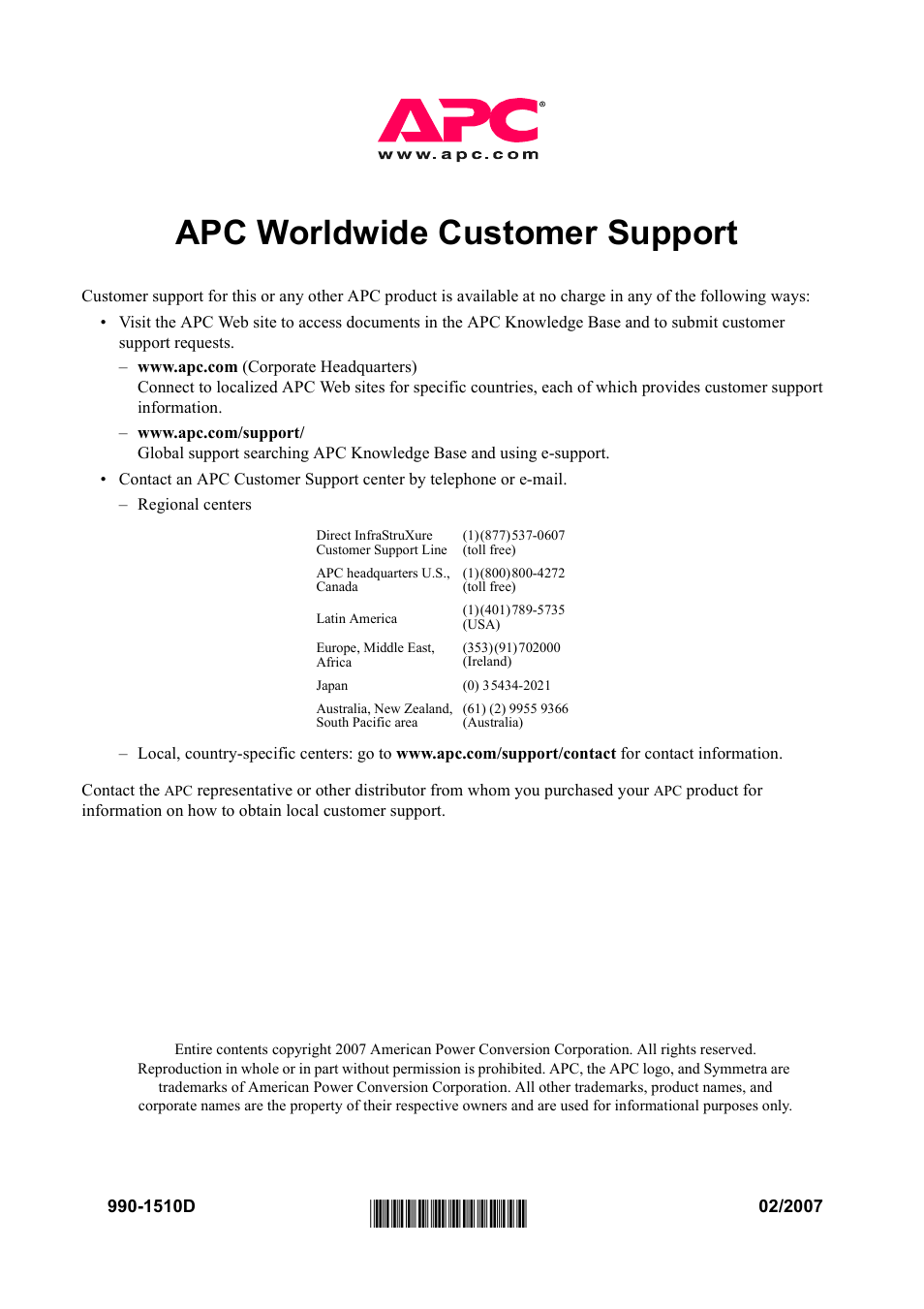 1510d, Apc worldwide customer support | American Power Conversion SYMF800KH User Manual | Page 54 / 54