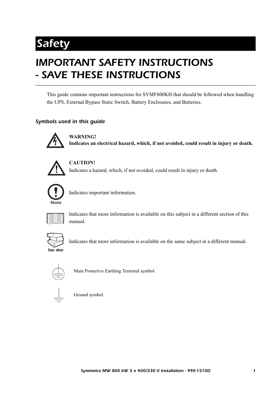 Safety, Symbols used in this guide | American Power Conversion SYMF800KH User Manual | Page 7 / 54