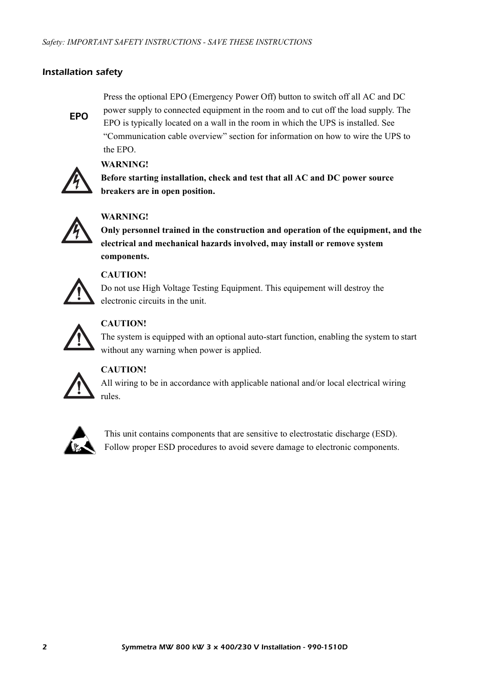 Installation safety | American Power Conversion SYMF800KH User Manual | Page 8 / 54