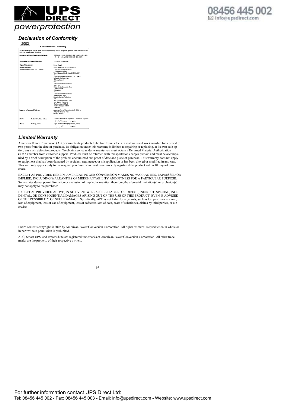 For further information contact ups direct ltd, Declaration of conformity, Limited warranty | American Power Conversion APC Smart-UPS 750VA User Manual | Page 18 / 18