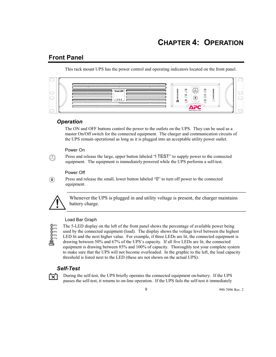 Hapter, Peration, Front panel | American Power Conversion 100 VAC User Manual | Page 13 / 25