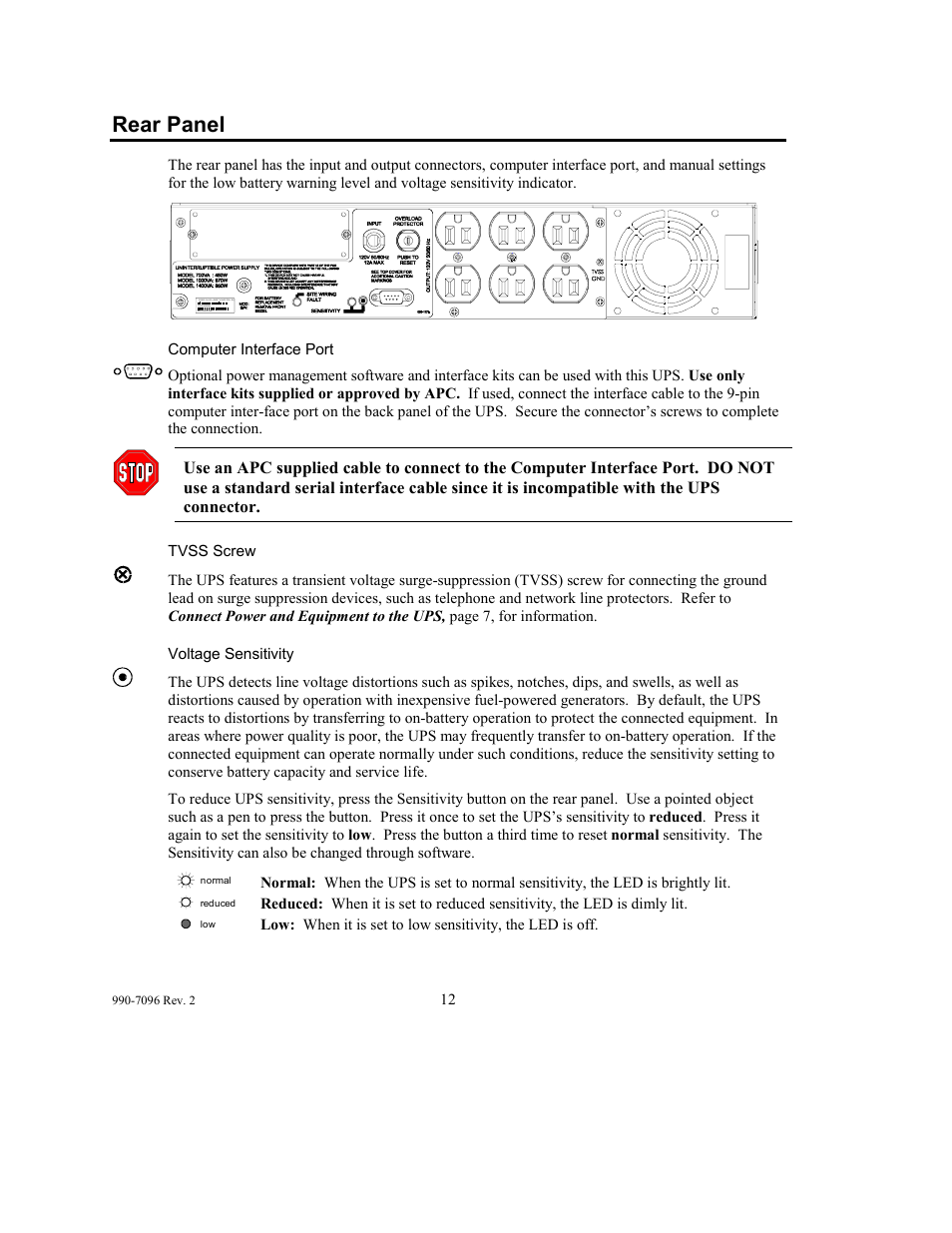 Rear panel | American Power Conversion 100 VAC User Manual | Page 16 / 25