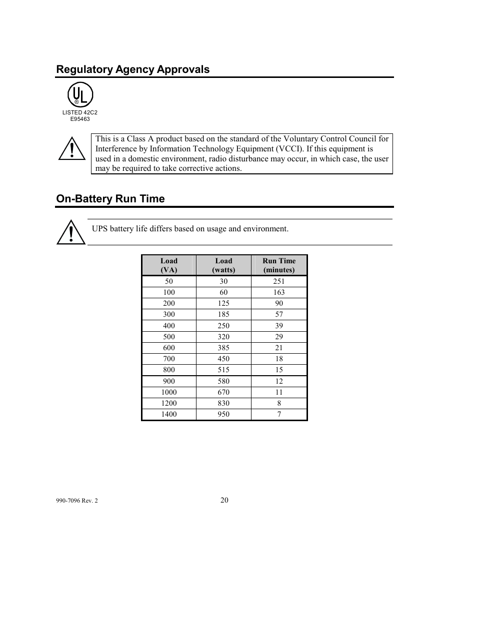 Regulatory agency approvals, On-battery run time | American Power Conversion 100 VAC User Manual | Page 24 / 25