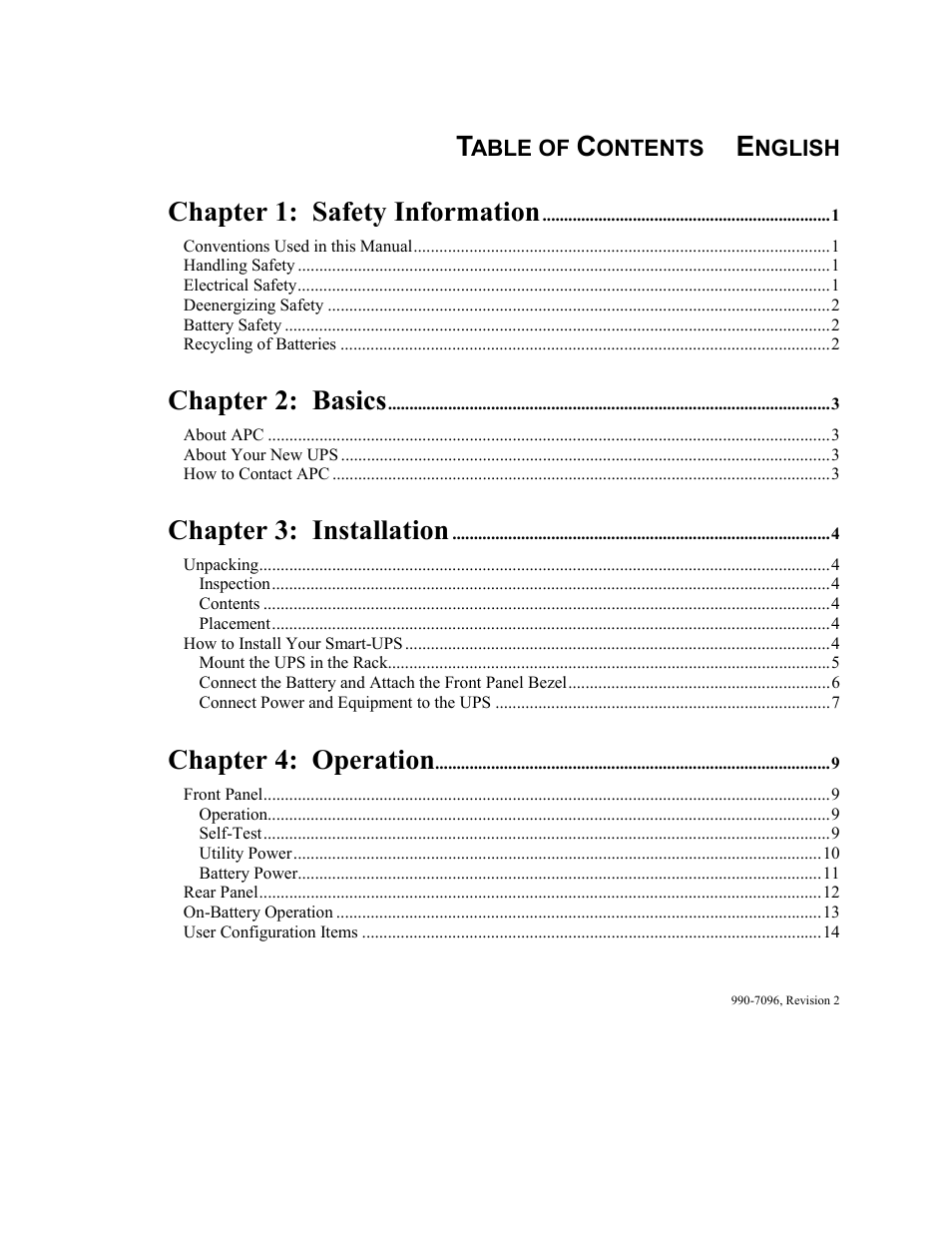 Chapter 1: safety information, Chapter 2: basics, Chapter 3: installation | Chapter 4: operation | American Power Conversion 100 VAC User Manual | Page 3 / 25